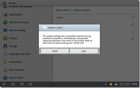 Samsung Galaxy Tab 10.1 Firmware Update - Finish download and ask to start install