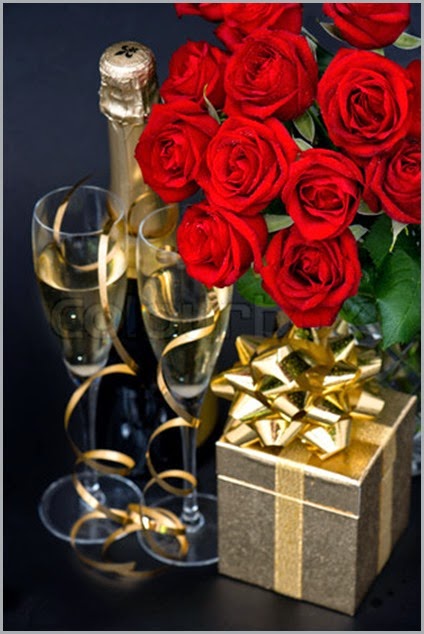 red roses, golden gift and and champagne