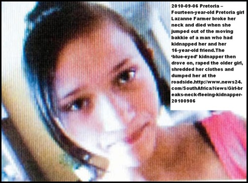 Farmer Lazanne 14 died when she jumped from bakkie during kidnapping