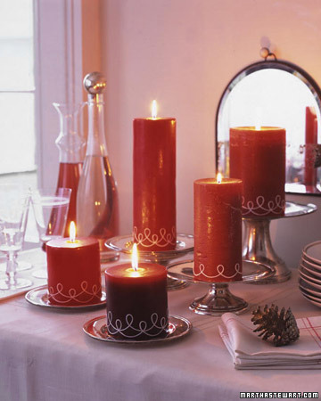 Decorate inexpensive pillar candles and you will have a display for your table and presents, too. Decorate inexpensive pillar candles and you will have a display for your table and presents, too.