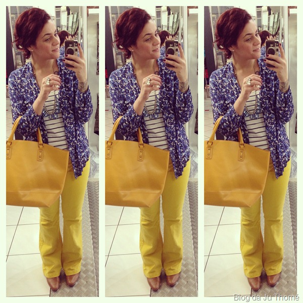 look calça amarela, camisa floral renner, colar renner e blusa listrada (1) look calça amarela, camisa floral renner, colar renner e blusa listrada (1)