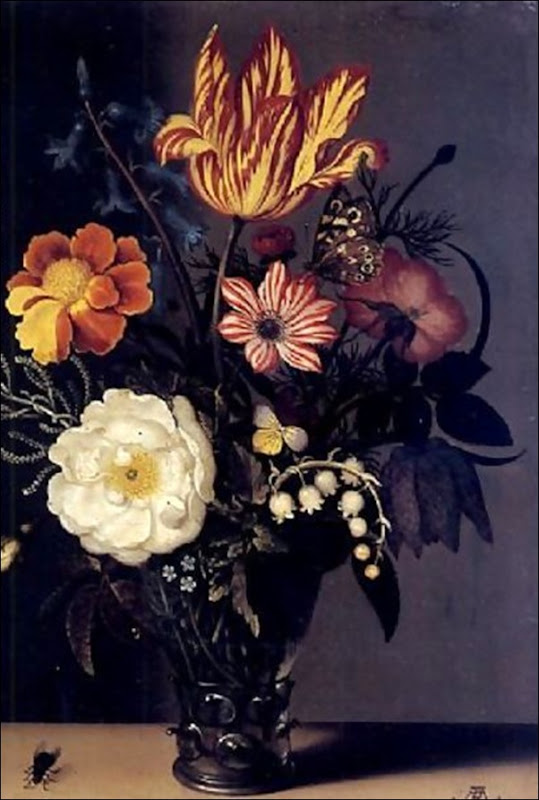 Nature morte au bouquet de roses, tulipes et muguet