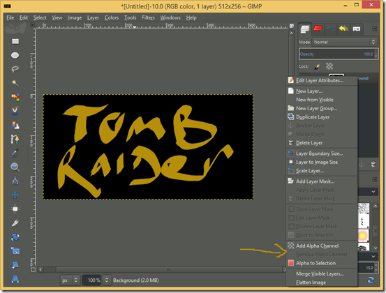 GIMP screenshot showing how to remove alpha GIMP screenshot showing how to remove alpha