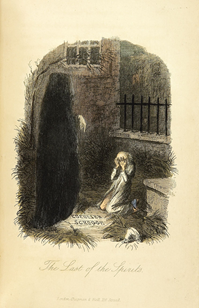 c0 John Leech illustration from "A Christmas Carol." The Ghost of Christmas Future confronts Scrooge with his own tombstone.
