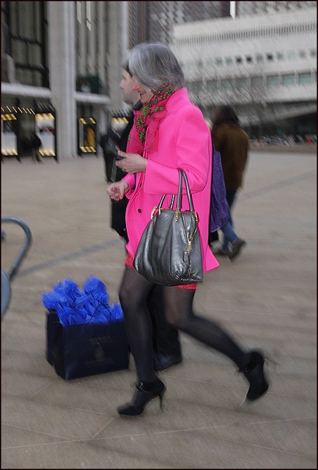 w bright pink coat grey bag pink and green scarf ol