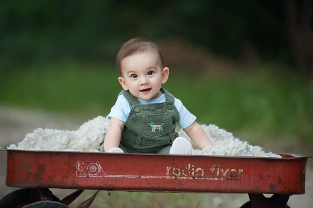 Image of boy in a red wagon.  Used with permission on iHeartFaces.com.