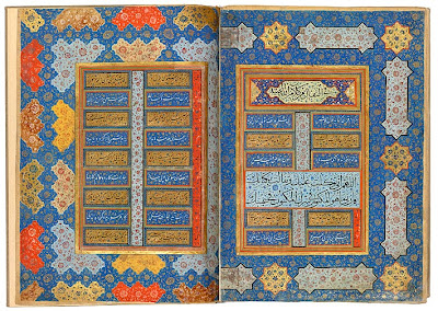 Auguries from the Jerrāḥ Pasha Qur˒an Qur˒an, in Arabic. Persia, Shiraz, ca. 1580. On paper. The second pair of decorated facing pages at the end of the Jerrāḥ Pasha Qur˒an contains texts relating to the taking of auguries from the Qur˒an, with an interpretation for each letter of the alphabet. There is a break in the sequence, indicating a missing folio. The headings are in muḥaqqaq script and the lines of poetry are in nasta˓līq script. According to tradition, muḥaqqaq, meaning "accurate", or "well-organized," was the first script to be regularized.