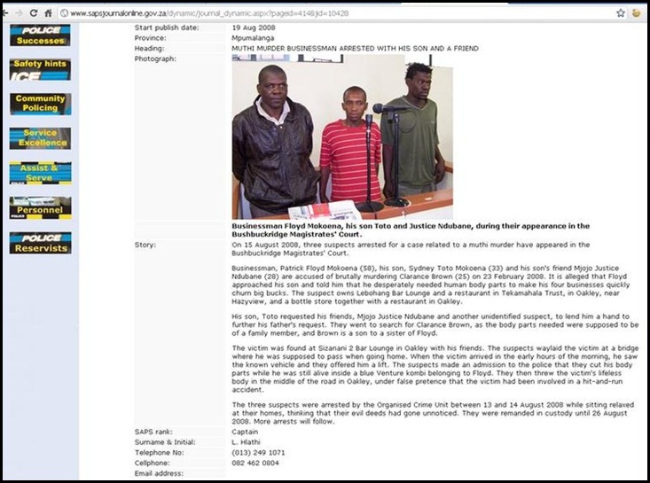 MUTI MURDER CANNABILISTIC SACRIFICE BUSHBUCKRIDGE AUG 19 2008 SA