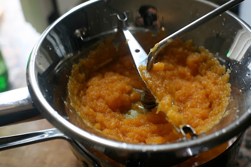 Making the pumpkin puree.