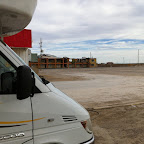 Burned out hotel at a refueling stop