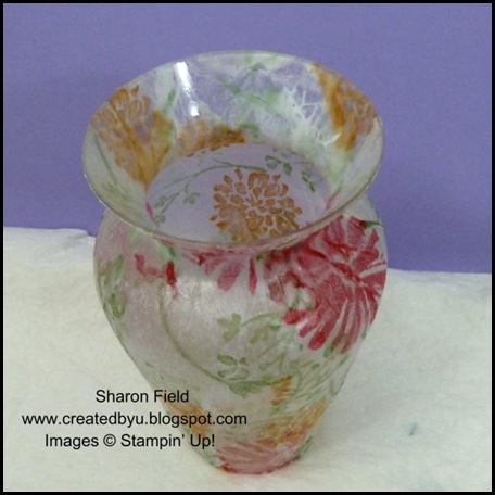 Step 15. Decoupage On Glass Vase by Sharon Field Love and Care, Summer Mini, Super Saturday Tutorial, Sharon Field, Decoupage on Glass, Decoupage Vase, Luminary, Pencil Cup, fathers day, Gift, Birthday, Created By You, Tutorial, Step by Step