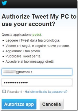 TweetMyPC autorizzare applicazione tramite accesso con il proprioa ccount Twitter