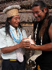 The conch shell is sacred for both the Chumash of southern California and the U'wa of Colombia. After receiving an U'wa pouch, Mati returns the gesture with a conch shell for Berito.