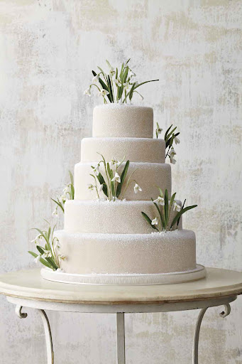This remarkable cake was featured in Martha Stewart Weddings; the snowdrops are made out of sugar!
