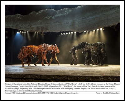 The cast of the national tour of the National Theatre of Great Britain production of “War Horse,” which has its West Coast premiere at the Center Theatre Group/Ahmanson Theatre, June 14 through July 29, 2012.  (Opens June 29.)  “War Horse,” the winner of five Tony Awards, is based on a novel by Michael Morpurgo, adapted by Nick Stafford and presented in association with Handspring Puppet Company. For tickets and information, call (213) 972-4400 or go to www.CenterTheatreGroup.org.                                                                                                                                                                      Contact: CTG Media and Communications (213) 972-7376/CTGMedia@CenterTheatreGroup.org                                     Photo by Brinkhoff/Mögenburg