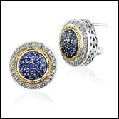 Round Sapphire and Diamond Cluster Earrings in 18k Yellow Gold and Sterling Silver