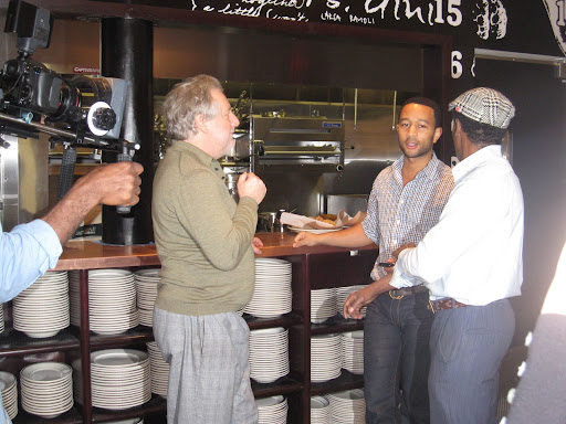 Chefs Jonathan Waxman and Marcus Samuelsson having a pre-show discussion with John Legend.