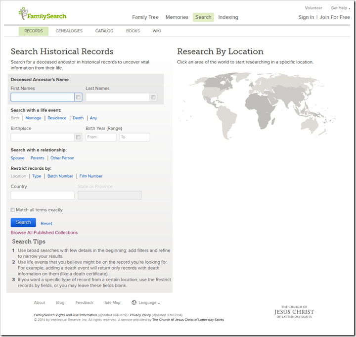 The FamilySearch historical records search page today