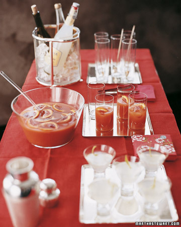 A red tablecloth makes a bold statement, whether on a cocktail buffet or your dining table.