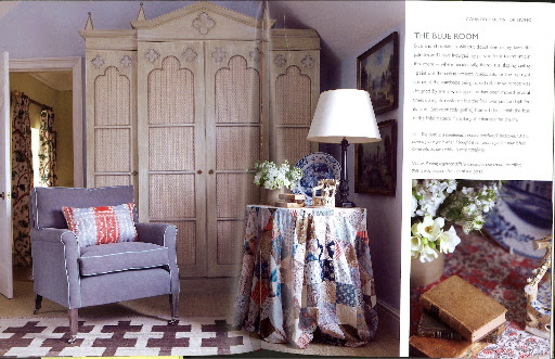 This is called the blue room. The cloth over the table is a 19th century patchwork bedcover.
