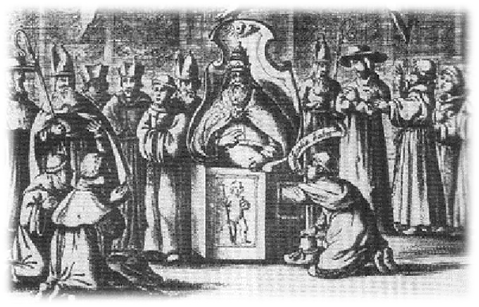 Grabado con la ceremonia de palpación testicular del papa. Grabado con la ceremonia de palpación testicular del papa.