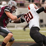 Redshirt junior linebacker Jordan Tripp tackles Idaho State running back Aaron Prier.  Tripp was a monster throughout Saturday's game, leading his Grizzlies to a 70-24 rout of the Bengals.

Washington-Grizzly Stadium in Missoula, Mont., October 27th, 2012.