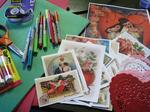 An array of crafting supplies used to make Crafting with Dudes: Victorian Valentines!