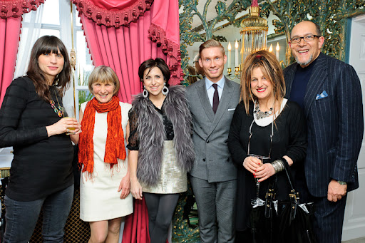 From left to right: May Clee-Cadman of Maisie Fantaisie; florist Mary Jane Vaughan; Darcy Miller; Mark Niemierko; Elizabeth Emanuel; Bruce Oldfield.