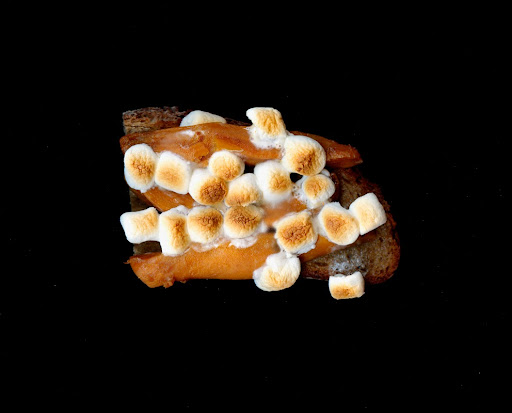 an open-faced sweet potato and marshmallow sandwich from Charlyne. an open-faced sweet potato and marshmallow sandwich from Charlyne.