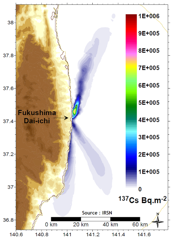 Distribution of total atmospheric deposition of cesium-137 on 23 March 2011 into the Pacific Ocean, estimated by the IRSN by modelling of atmospheric dispersion of releases from the Fukushima Daiichi nuclear accident. IRSN