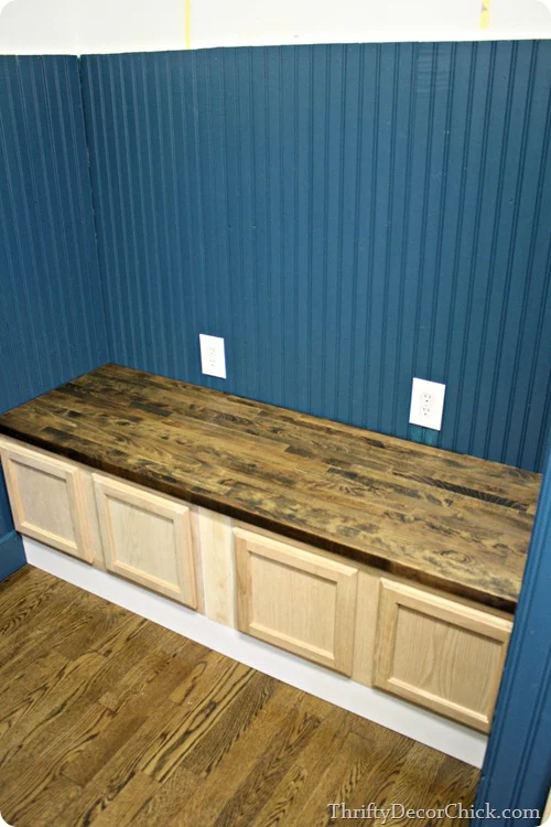 Mud room bench with kitchen cabinets