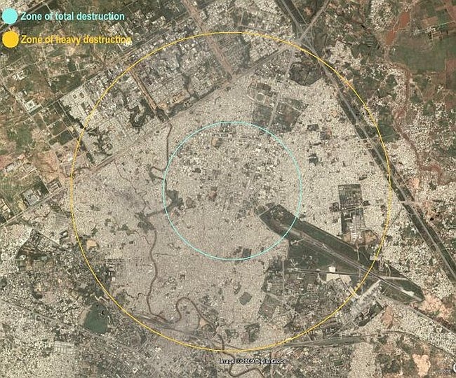 Visualising a hypothetical scenario where a 50 kt Nuclear weapon explodes over Pakistan's garrison town, Rawalpindi