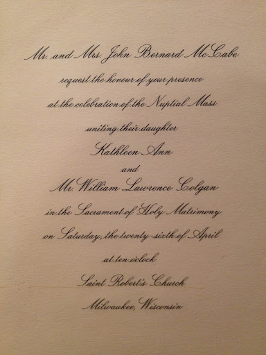 My grandma has exquisite taste, exemplified in the classic calligraphy of their wedding invitation. My grandma has exquisite taste, exemplified in the classic calligraphy of their wedding invitation.