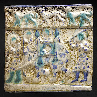 Frieze Tile with Elephant and Rider The Legacy of Genghis Khan: Courtly Art and Culture in Western Asia, 1256-1353 | Origin: Iran, probably Takht-i Sulaiman | Period: 1270s | Collection: The Nasli M. Heeramaneck Collection, gift of Joan Palevsky (M.73.5.222) | Type: Ceramic; Architectural element, Fritware, overglaze luster-painted, 11 x 11 1/4 in. (28 x 28.6 cm)