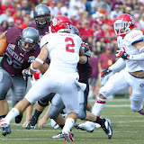 Dan Moore puts his head down, Washington - Grizzly Stadium, Montana Grizzlies vs. South Dakota Coyotes.  Missoula, MT, September 1st, 2012.