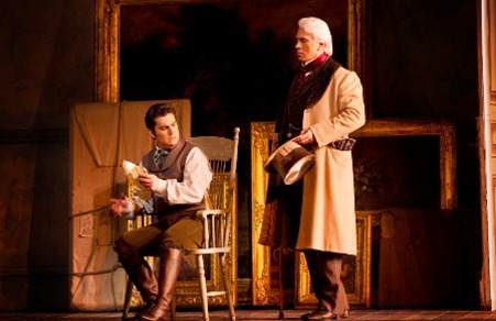 Saimir Pirgu (left) as Alfredo in Verdi's LA TRAVIATA at the Royal Opera House, Covent Garden, with Dmitri Hvorostovsky (right) [Photo by Johan Persson; used with permission]