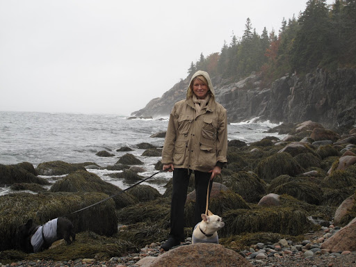 As you can see, the sea mist rolled in.  Franny's still busy sniffing and Martha is all bundled up.  It can quickly get very cold and damp on these shores.