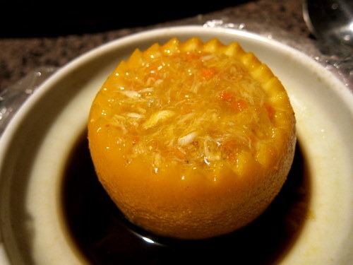 Steamed Orange filled with crab meat and roe Steamed Orange filled with crab meat and roe
