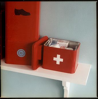 I really love this idea for making your own first-aid kit container and other types of kits too. Paint metal kitchen canisters, easily found at tag sales, and then designate them with an icon to indicate their contents. One for shoe care, one for sewing repairs and one for first-aid. I really love this idea for making your own first-aid kit container and other types of kits too. Paint metal kitchen canisters, easily found at tag sales, and then designate them with an icon to indicate their contents. One for shoe care, one for sewing repairs and one for first-aid.