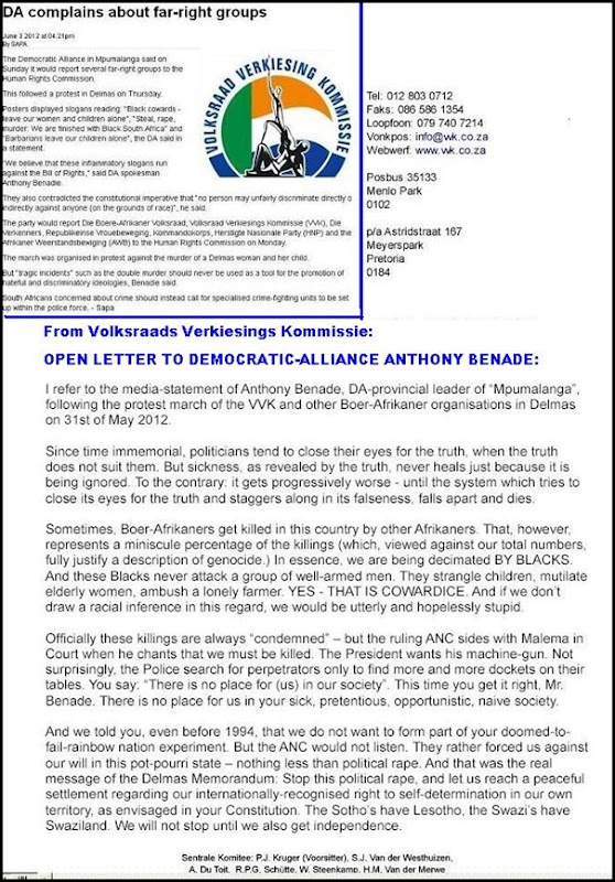 VOLKSRAADVERKIESINGSKOMMISSIE LETTER TO DA OF MPUMA ANTHONY BENADE HATESPEECH CLAIM JUNE 4 2012