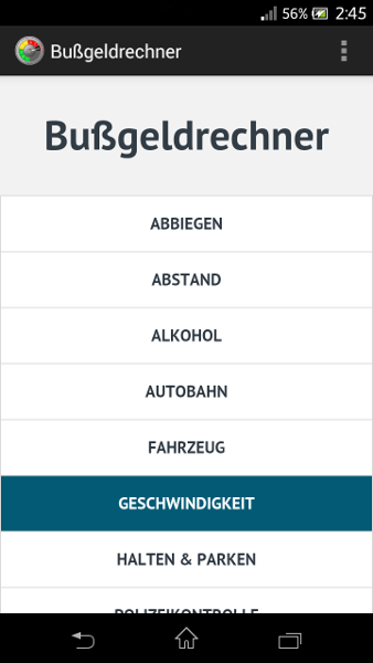 Android application Bußgeldrechner 2019 screenshort