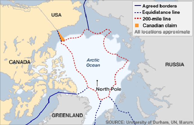 Territorial borders in the Arctic Ocean, showing the United States, Canada, Russia, and Greenland. University of Durham, UN, Marum.