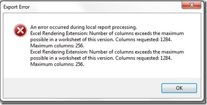 Max columns error in excel SSRS