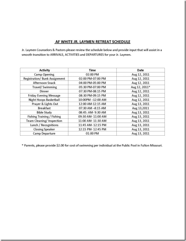 Jr  Laymen AF White Retreat 2011 Schedule