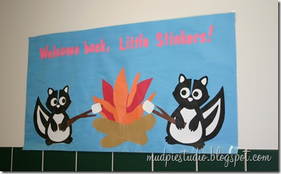 Camping theme bulletin board - skunks