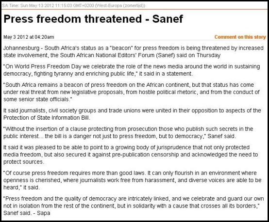 PRESS FREEDOM IN SOUTH AFRICA THREATENED SANEF MAY 3 2012