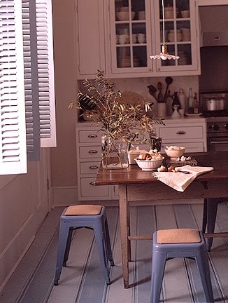 Faded blues are restful and comforting. In a modern yet romantic kitchen, two sun-faded shaes of blue are painted on wide floorboards. Faded blues are restful and comforting. In a modern yet romantic kitchen, two sun-faded shaes of blue are painted on wide floorboards.