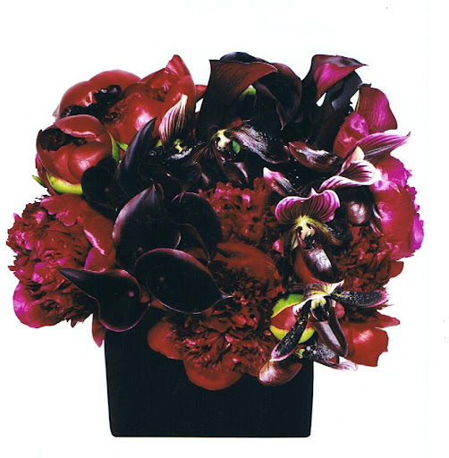 Blood red peonies, lady slipper orchids, black calla lilies, and privet berries make a lovely display. Blood red peonies, lady slipper orchids, black calla lilies, and privet berries make a lovely display.