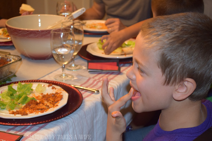 Enjoying a holiday meal of Stouffers Lasagna. Stouffer's Party Size Lasagna's go great with this Dark Chocolate Peppermint Pie made from a Nestle Toll House dark chocolate peppermint cookie crust. Make your Holiday Entertaining super simple with these ideas. You won't want to miss them! Enjoying a holiday meal of Stouffers Lasagna