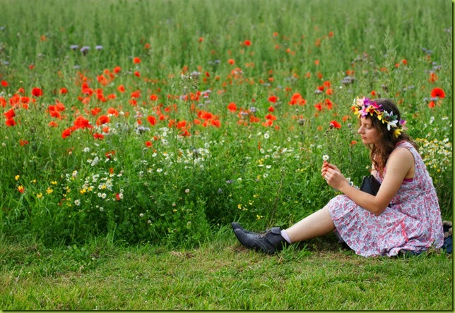 girl with flowers in her hair in meadow